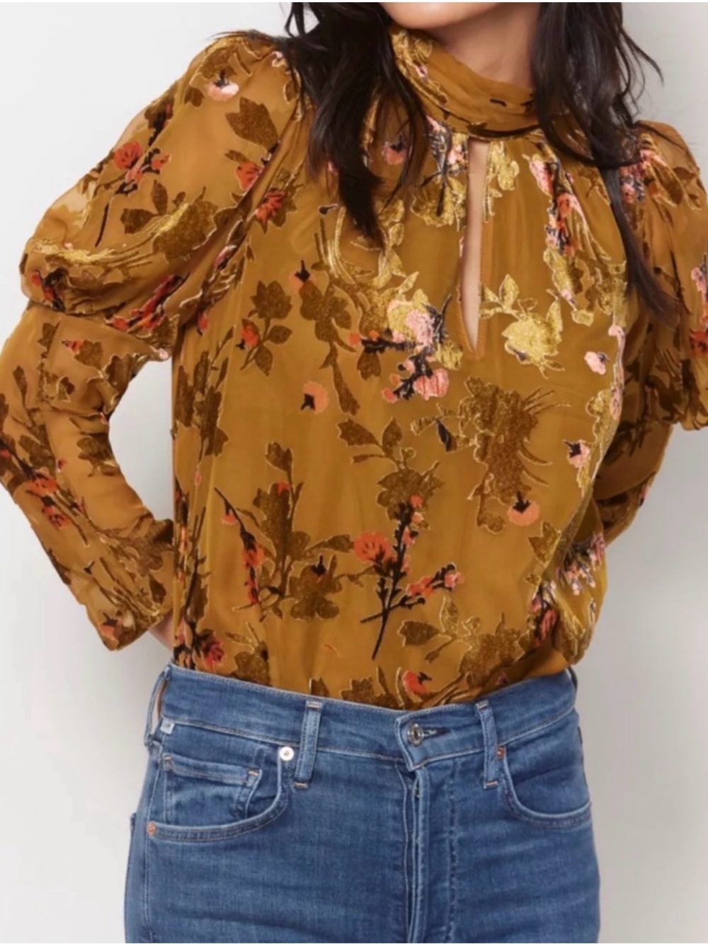 French Connection Mustard Floral Velvet Burnout Mock Neck Blouse small